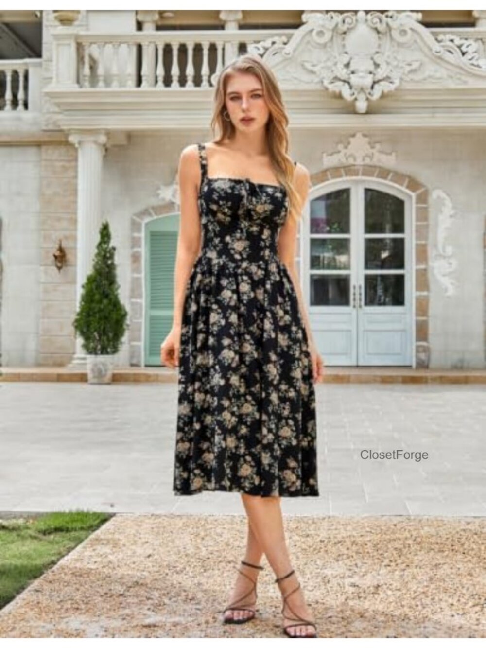 Women's Floral Corset Midi Dress with Pockets, Square Neck, Smocked Back, - Picture 3 of 6